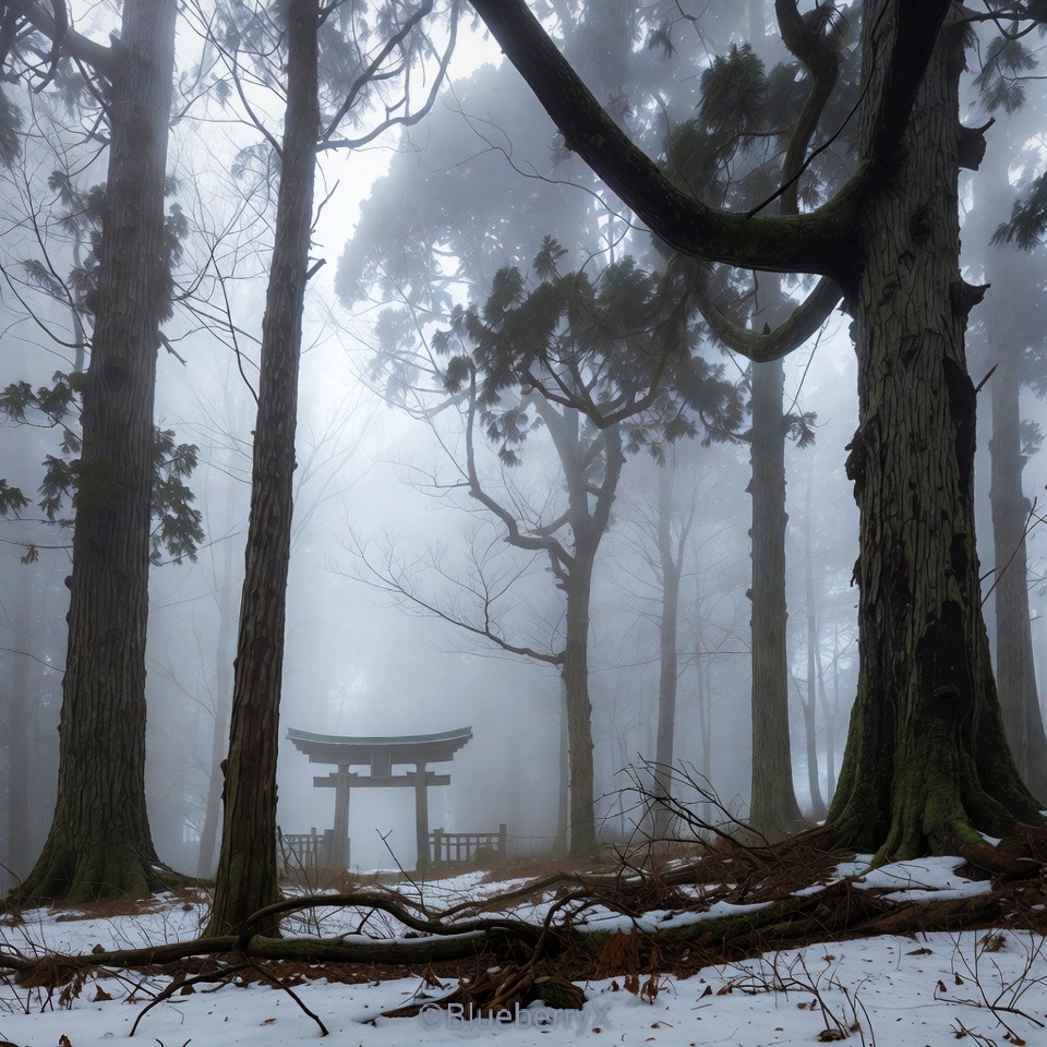 Torii gate in foggy winter forest with snow and tall trees