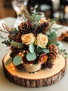 Autumn arrangement of roses and pinecones in a twine-wrapped vase on a wood slab