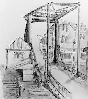 Black and white ink sketch of a Dutch drawbridge with counterweight mechanism and surrounding buildings