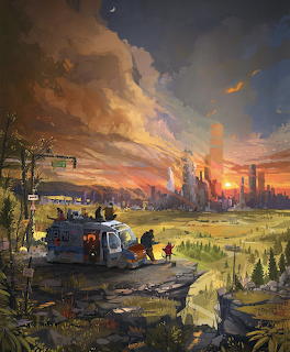 Post-apocalyptic scene with burning city skyline, abandoned truck, and overgrown landscape under dramatic sunset clouds