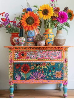 Brightly painted floral console table with sunflowers in colorful vases on top