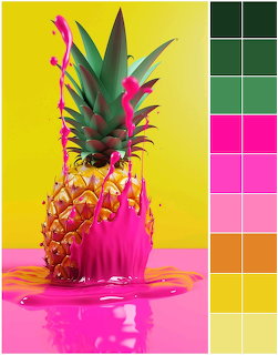 Pineapple with pink paint splashes on yellow background next to a color palette of green, pink, orange, and yellow swatches