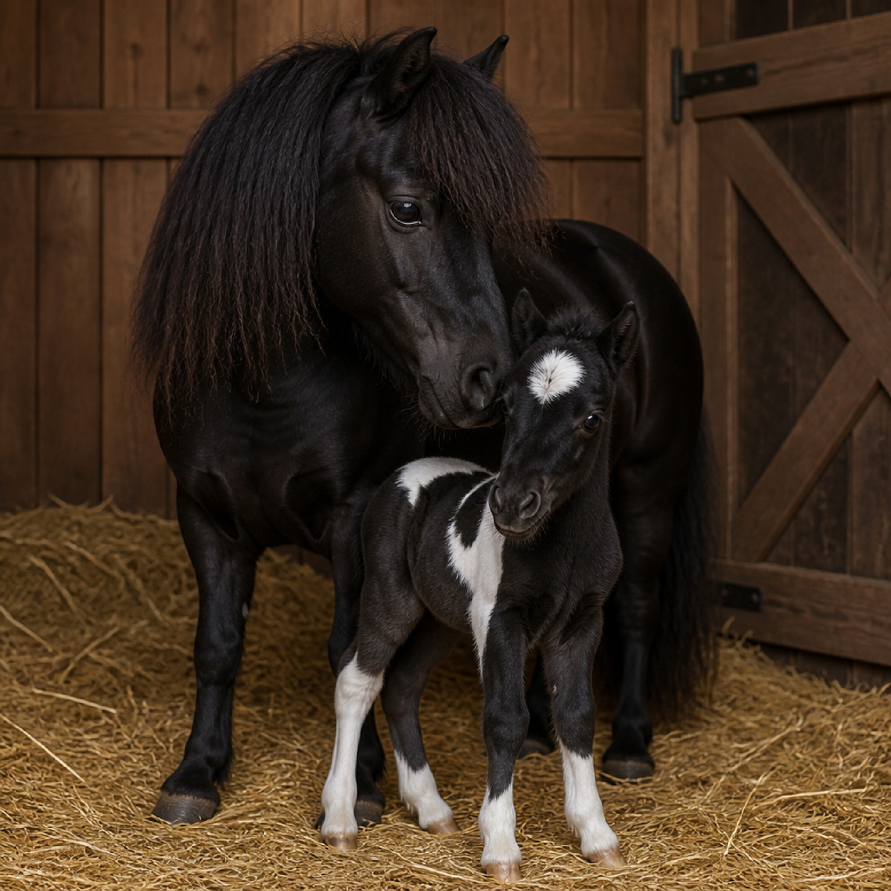 Black mare standing with a young foal on straw inside a wooden stable