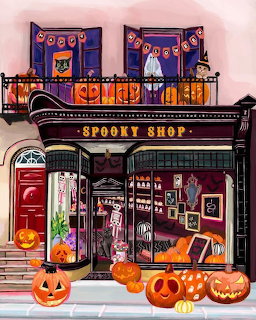 Halloween shop exterior decorated with pumpkins and lanterns in autumn