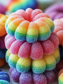 Stacked rainbow-colored sugar-coated candies in flower shapes with vibrant gradient hues