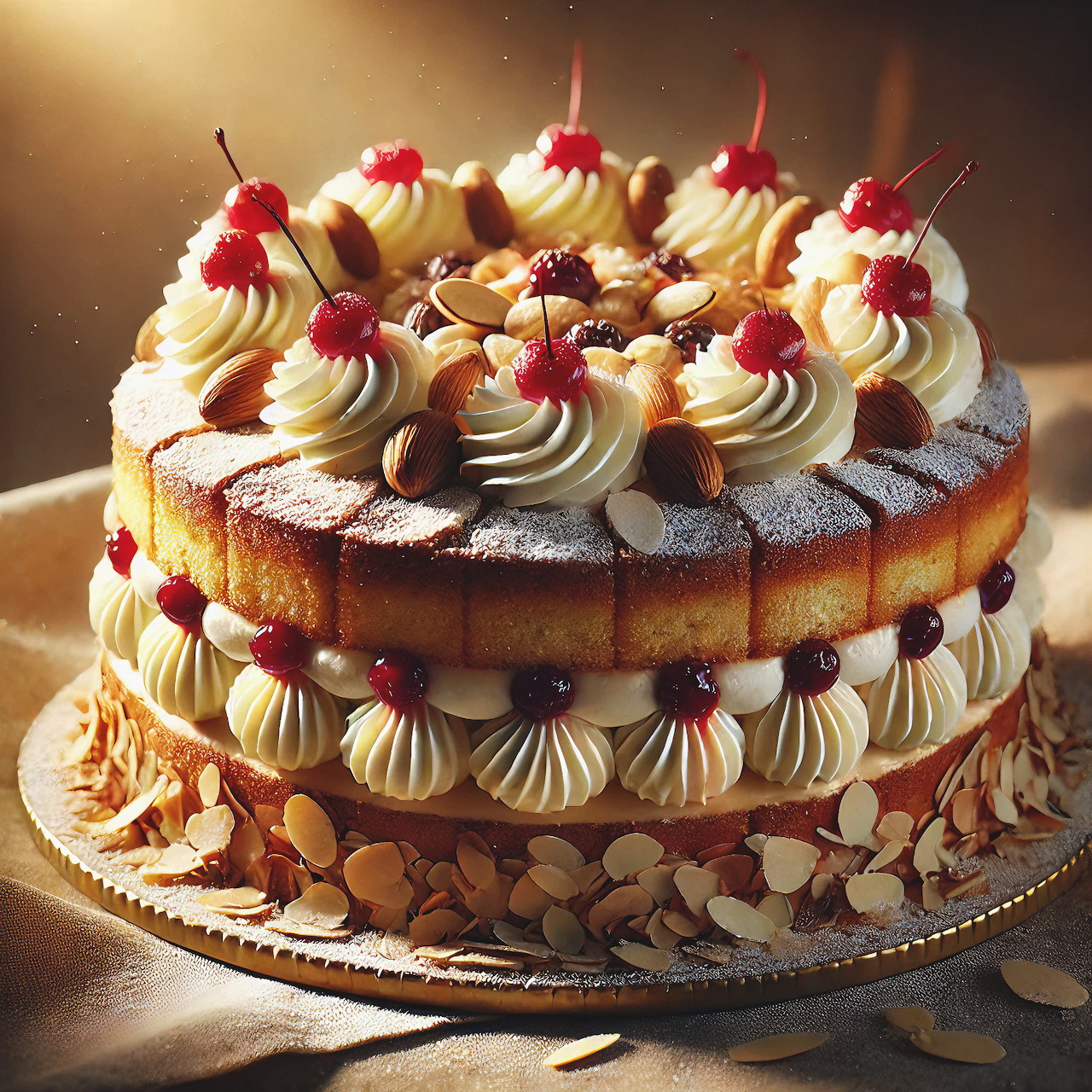Multi-layer decorated torte with cream rosettes, cherries, and nuts