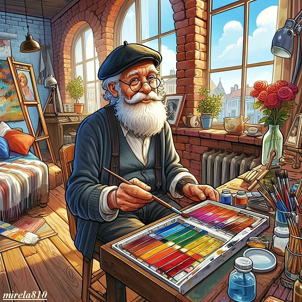 Illustration of an old bearded artist in a beret using colorful pastels in a bright art studio