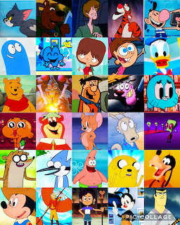 Grid collage of 30 cartoon character portraits in colorful squares