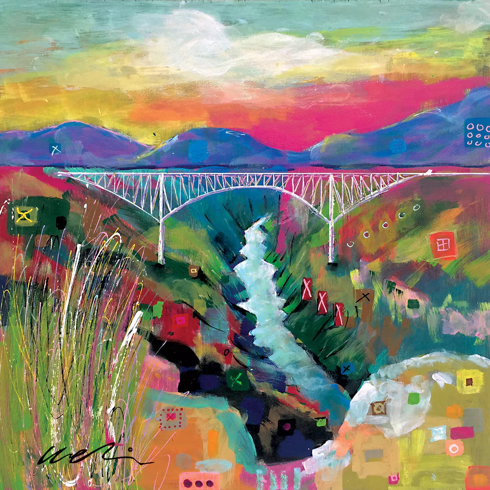 Colorful abstract painting of bridge over gorge with river and sunset sky