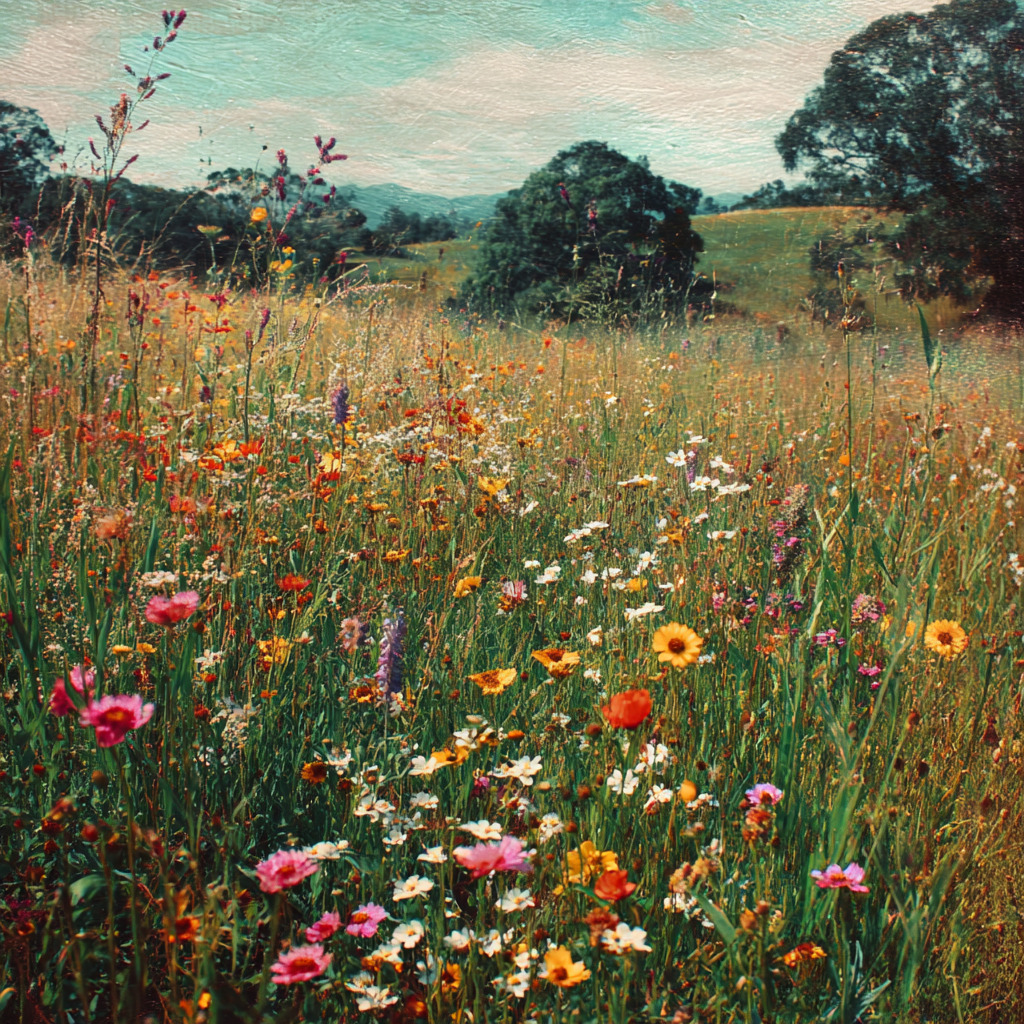Painting of a wildflower meadow with tall grass, trees, and distant hills