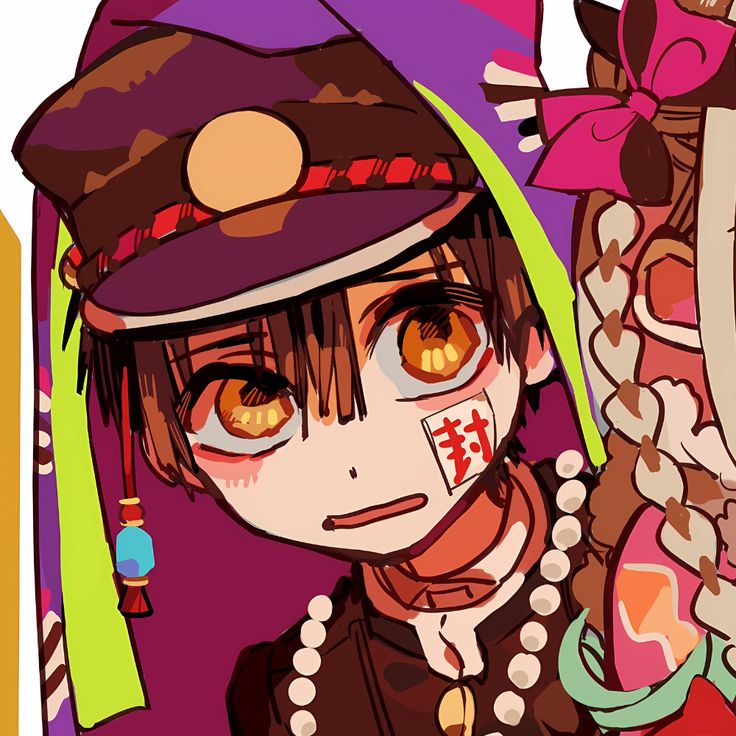 Colorful anime close-up of Amane Yugi Hanako with amber eyes and a dark hat