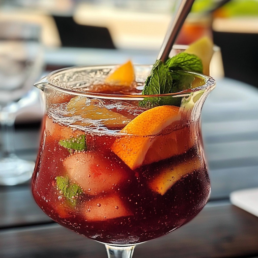 Glass of red sangria with orange slices, berries and mint garnish