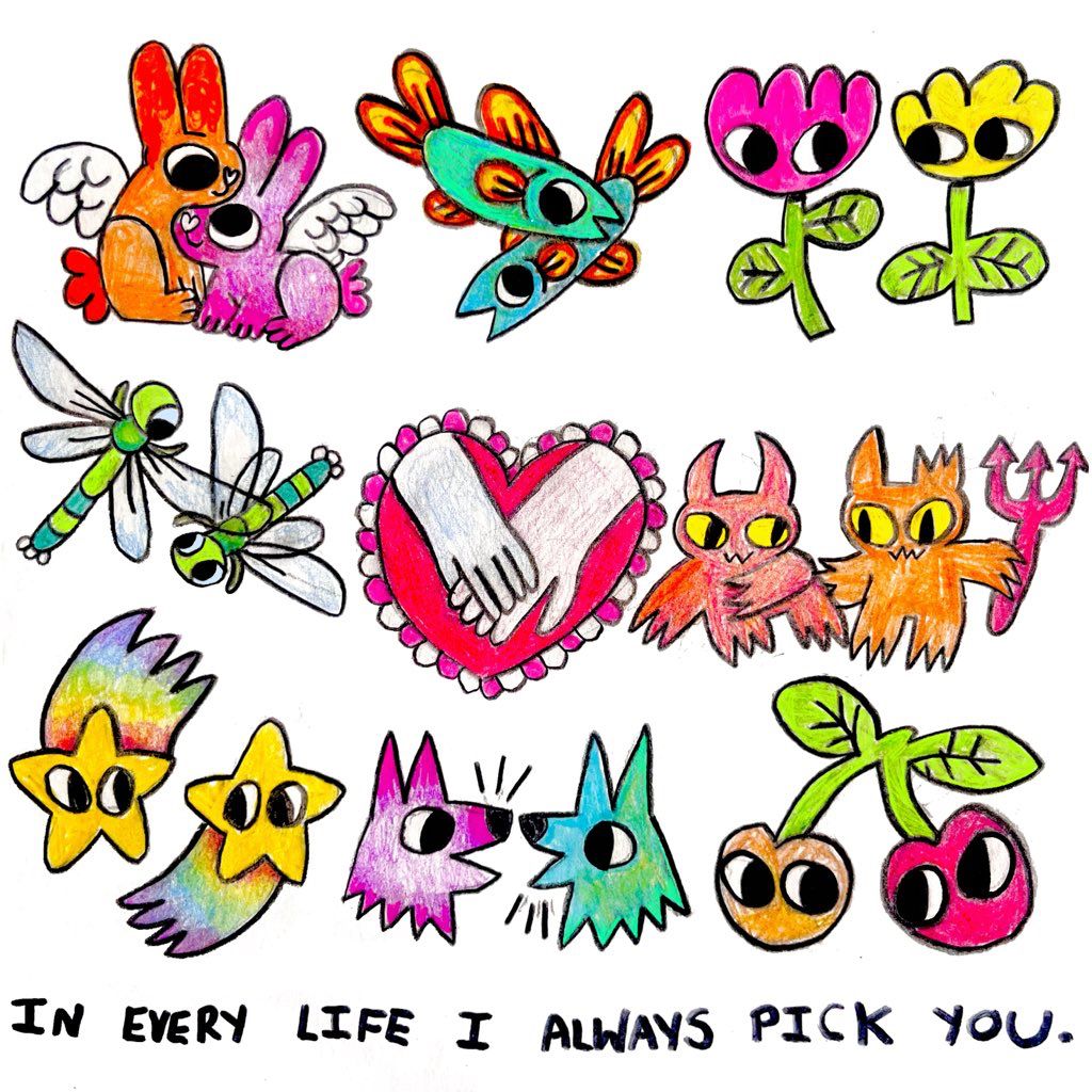 Colorful doodle illustration with birds, flowers, dragonflies, cherries, a heart, and handwritten text