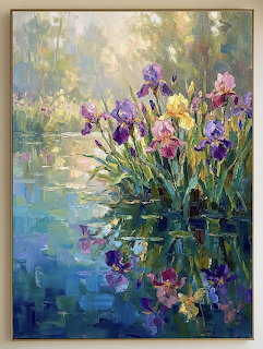 Impressionist painting of purple, pink, and yellow irises growing beside a reflective pond