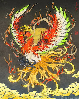 Colorful illustration of Ho-Oh legendary Pokémon with spread wings, flames, and golden clouds on dark background