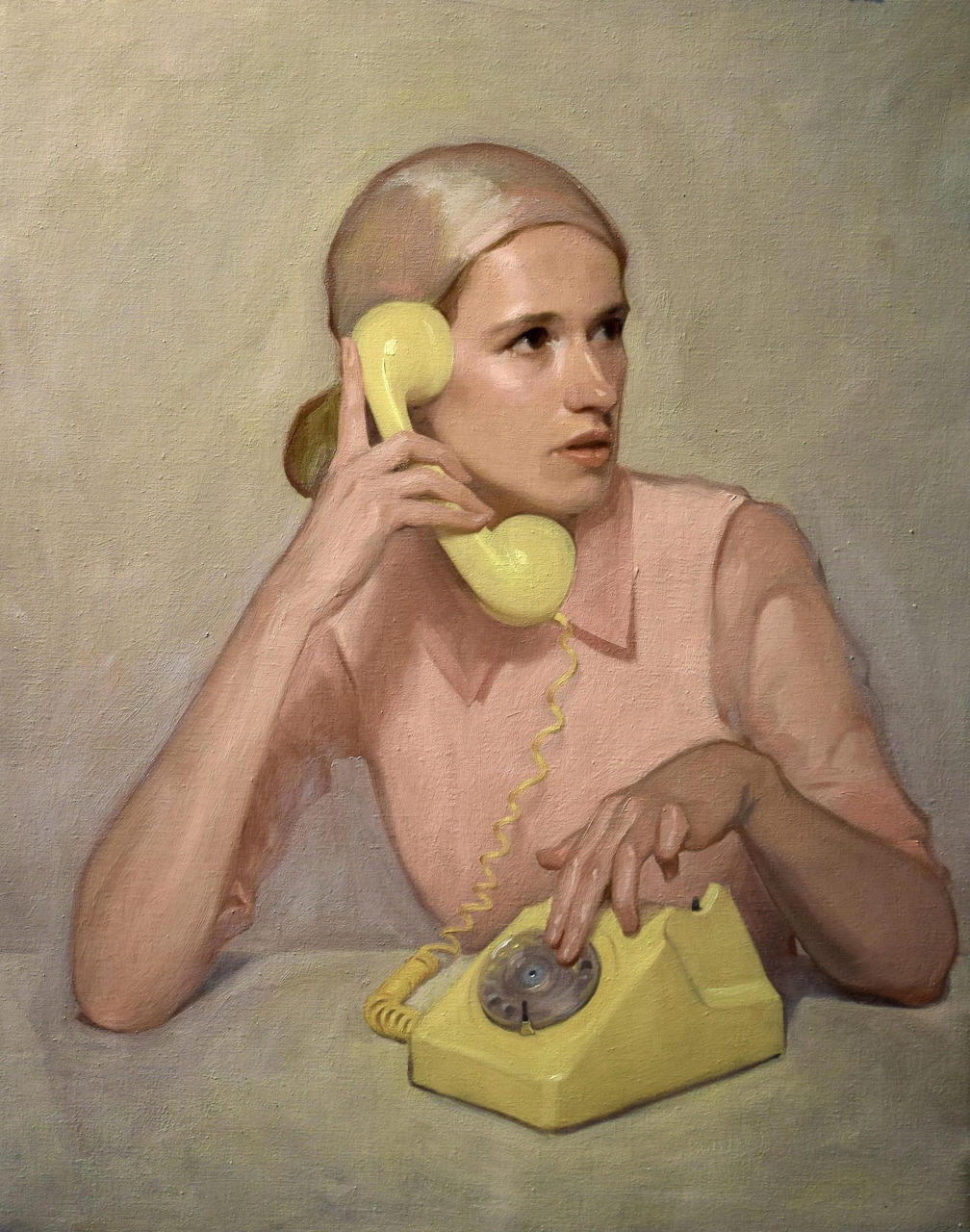 Painting of a woman in pink holding a yellow telephone receiver beside a rotary phone
