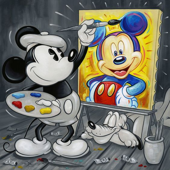 Black and white Mickey Mouse painting a colorful version of himself on a canvas with an easel