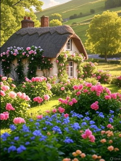 Stone cottage with thatched roof nestled in vibrant flower garden with pink and purple blooms