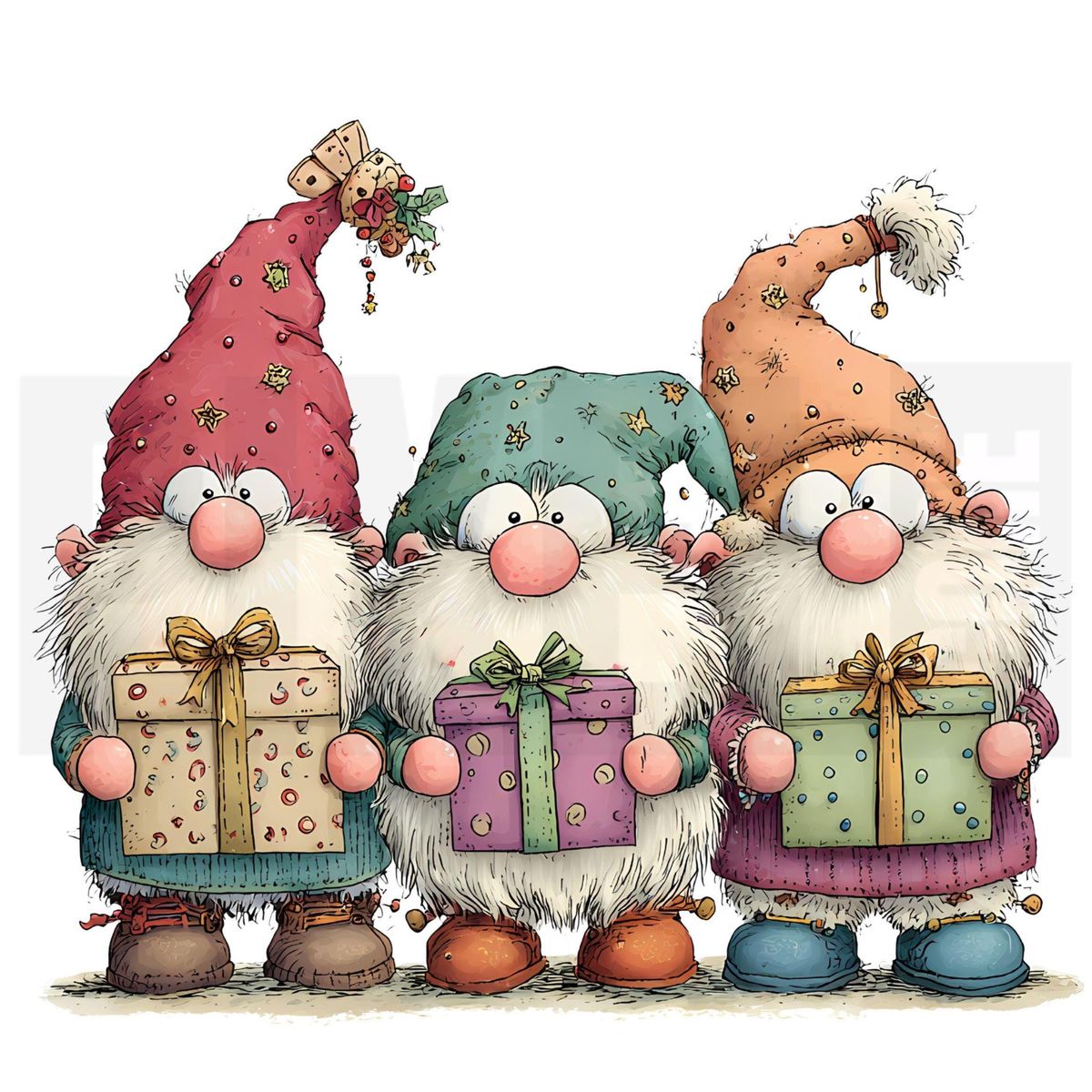 Three Christmas Gnomes with Gifts