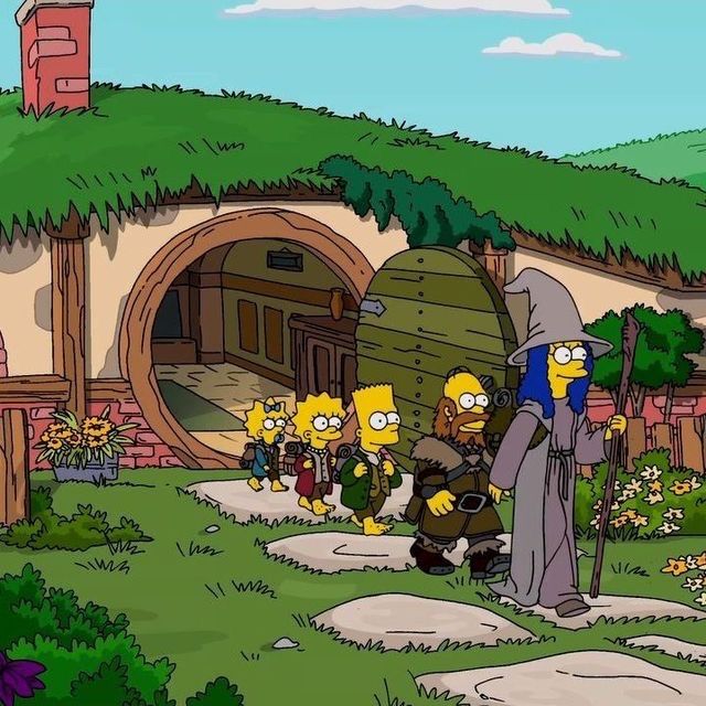 Animated Simpson family characters standing in front of a round door built into a grassy hillside
