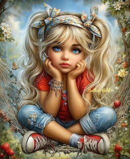 Stylized illustration of a blonde girl with big blue eyes sitting cross-legged outdoors with strawberries and flowers