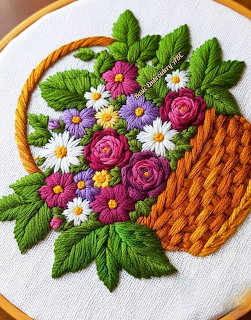 Embroidered bouquet with pink roses, white daisies, purple flowers and green leaves in wooden hoop