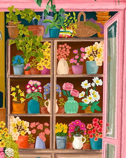Illustration of wooden shelves displaying colorful poted flowers and plants in a pink flower shop