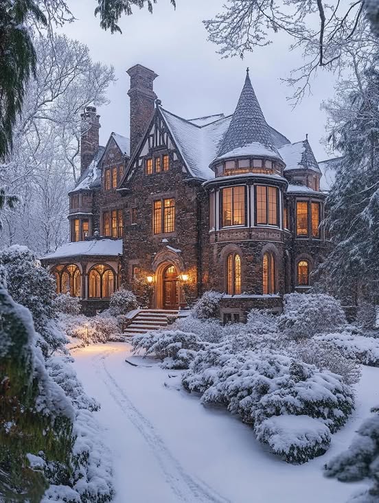 Victorian mansion with lit windows surrounded by snow-covered trees and garden at dusk