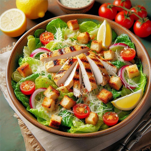 Bowl of chicken Caesar salad with lettuce, cherry tomatoes, croutons, onion, parmesan, and lemon wedges