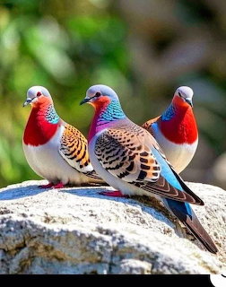 Three colorful doves with red breasts and patterned wings sitting on a rock
