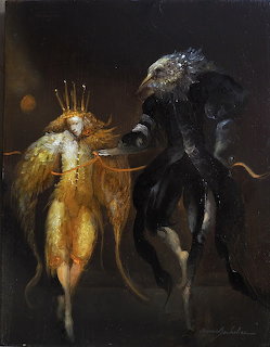 Surrealist painting showing crowned golden figure with dark shadowy companion in moody lighting