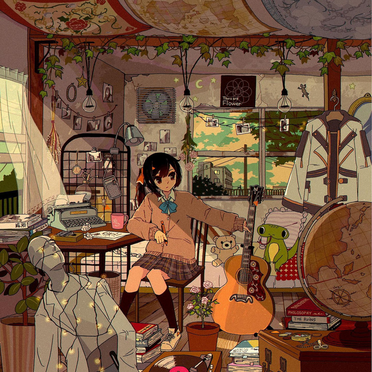 Anime girl sitting in cozy room filled with plants, books, and warm afternoon light