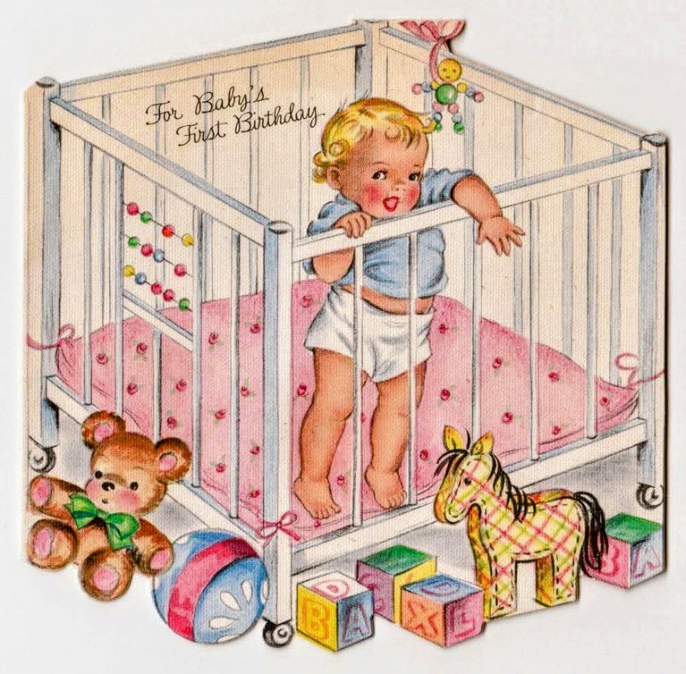 Vintage baby birthday card showing toddler in playpen with toys and birthday greeting text