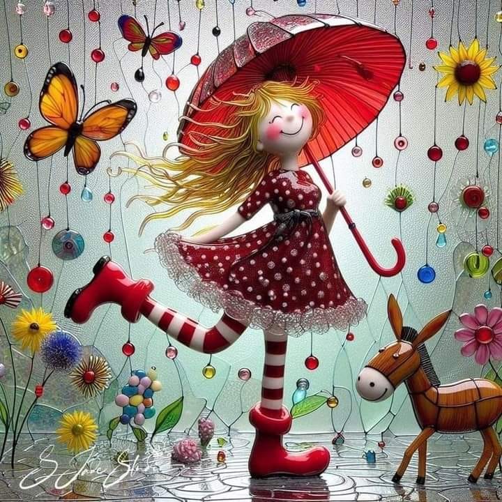 Illustrated girl with red umbrella, striped stockings, and deer companion surrounded by butterflies and flowers