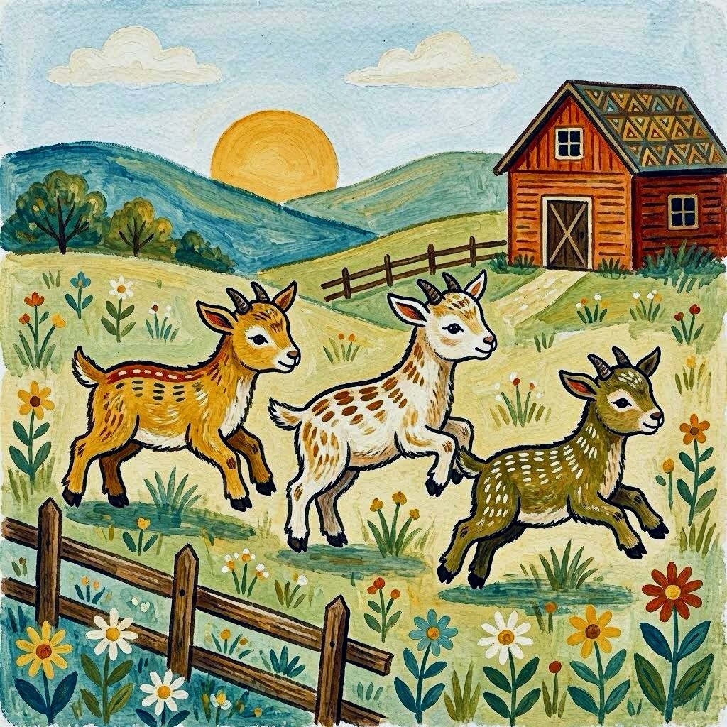 Illustration of three young goats in a flower meadow near a red barn and fence
