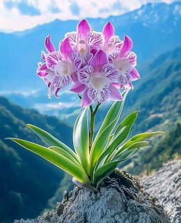Pink and white flower on rock with mountain valley background