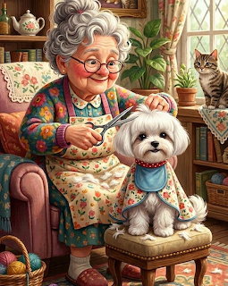 Elderly Woman Knitting with Dog