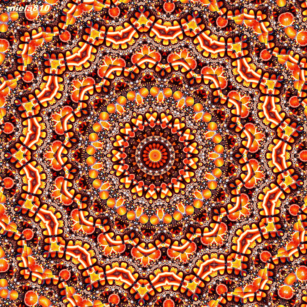 Colorful mandala with intricate repeating geometric patterns in orange, yellow, red, and brown tones