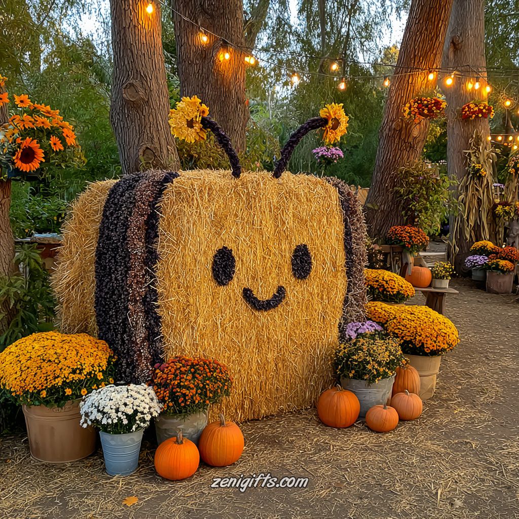 Large hay bale decorated with painted pumpkin smile surrounded by fall flowers and pumpkins under trees
