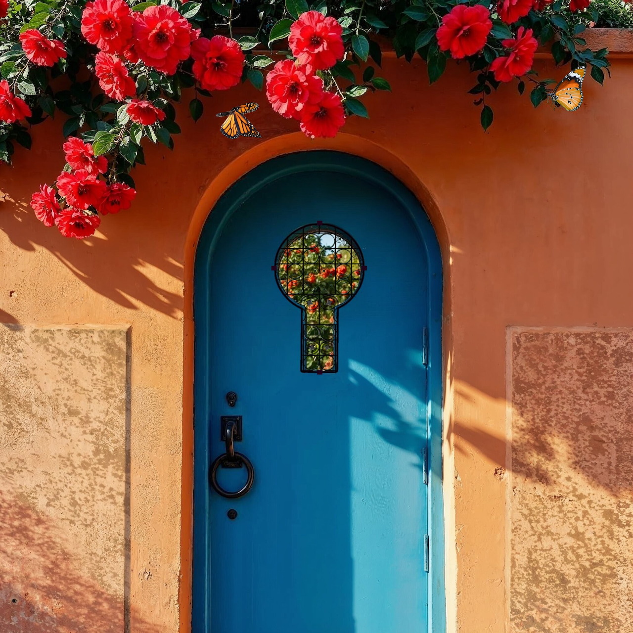 Arched blue door with keyhole window on orange wall, red flowers above