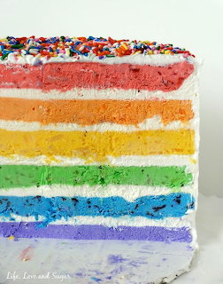 Slice of rainbow layer cake with white frosting and colorful sprinkles on top