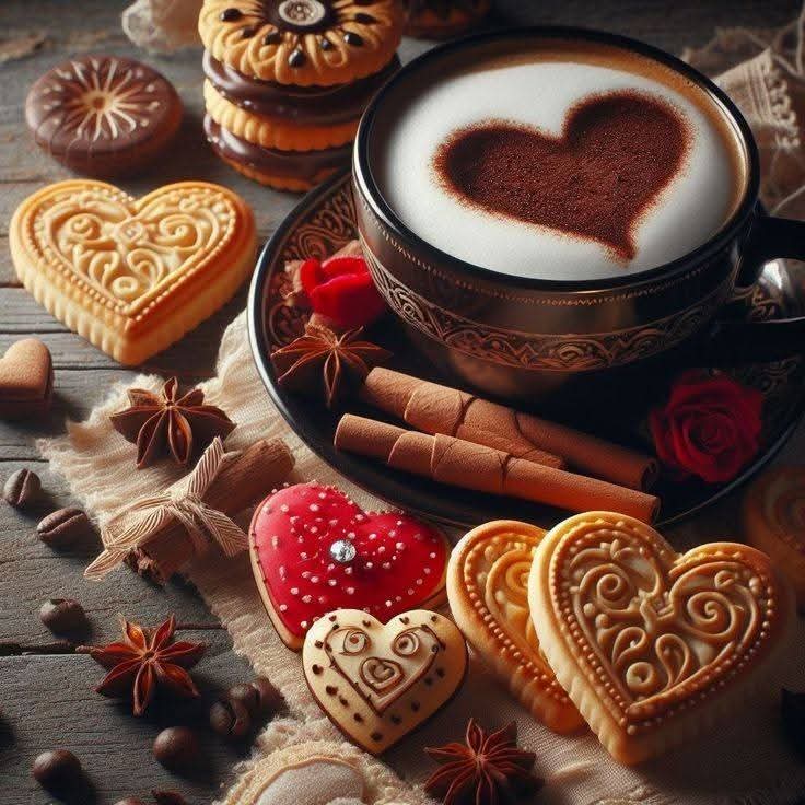 Coffee cup with heart latte art next to heart-shaped cookies and roses on wood table