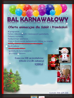 Polish carnival ball flyer with colorful balloons, Christmas tree, snowman images, and event details