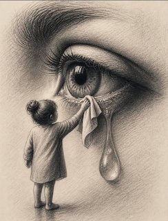 Pencil drawing of a small girl wiping tears from a large crying human eye
