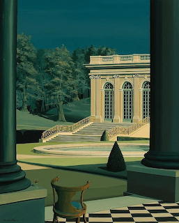 Stylized painting of a neoclassical mansion with columns, staircases, and formal garden at night