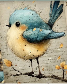 Cute watercolor blue bird perched on a branch over vintage script background with yellow leaves