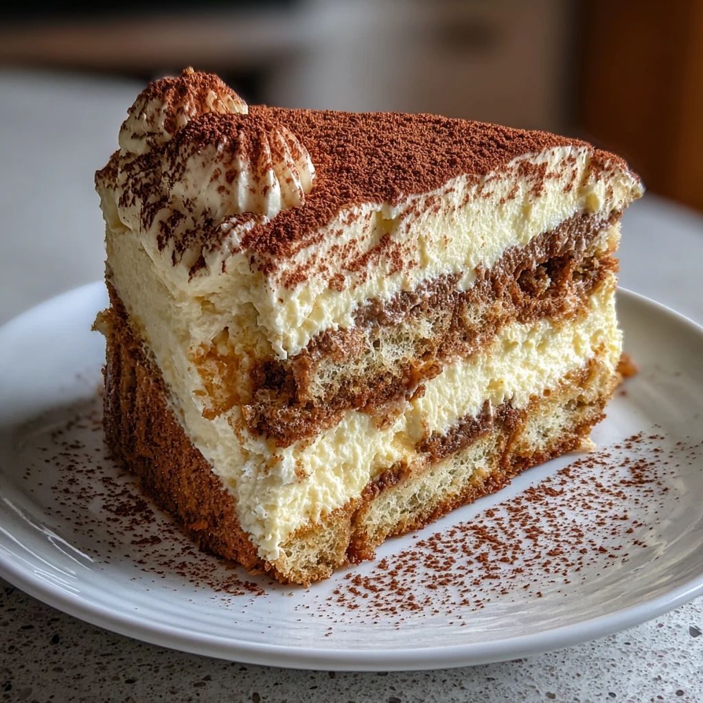 Slice of tiramisu dessert with cocoa powder and cream layers on white plate