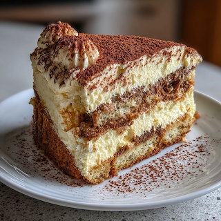 Tiramisu Slice on White Plate