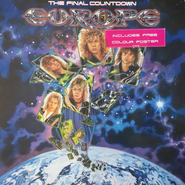 Album cover art for Europe The Final Countdown with band portraits in space above Earth