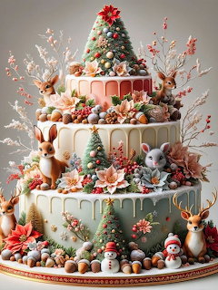 Three-tier festive cake with woodland creatures, Christmas trees, snowmen, and holiday decorations